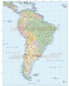 Vector South America map with country fills in Illustrator CS and editable PDF formats.