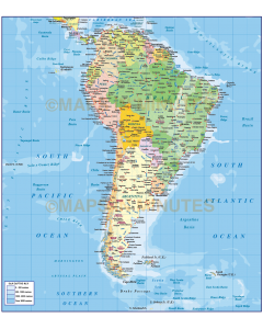 Digital vector South America Political map with sea contours @10,000,000 scale