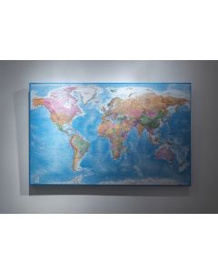 CANVAS World Map Framed Political & Ocean contour relief Bold fonts and colouring - Size 60"w x 38"d