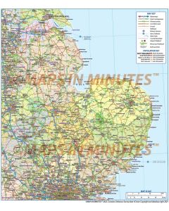 2022 East England Road and Rail Map with counties @1m scale in Illustrator format. Fully layered and editable font text.