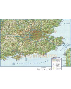 South East England County Road & Rail Map with Regular relief @750k scale