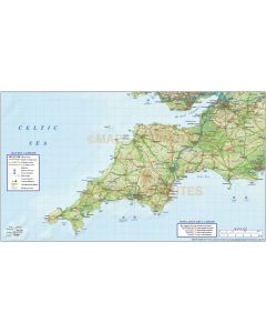 South West England County Road & Rail Map with Regular relief @1m scale