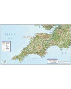 South West England County Road & Rail Map plus Regular relief @750k scale