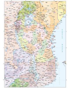 Tanzania vector map, political & 1st divisions. This image shows the Tanzania internals plus internal fills for surrounding countries.