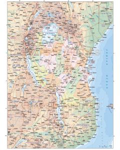 Digital vector Tanzania map, road & rail plus land and sea contours in Illustrator format, showing mixture of internals and contour layers