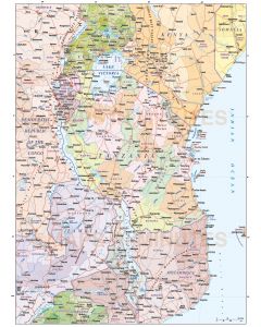 Tanzania vector map, political, road & rail. This map shows the Tanzania internals plus internal fill colours for surrounding countries.