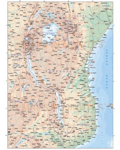 Digital vector Tanzania map, road & rail plus land and sea contours in Illustrator format, showing mixture of roads and contour layers