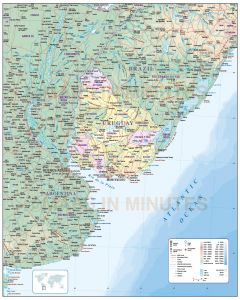 Uruguay digital vector map, political, road & rail plus land and sea contours in Illustrator format, royalty free.