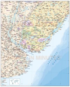 Uruguay digital vector map, political, road & rail plus land and sea contours.