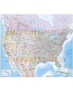 Detailed North America map Illustrator CS/CC AI vector format. Political Road & Rail with ocean floor contours. Fully layered and editable including font text.