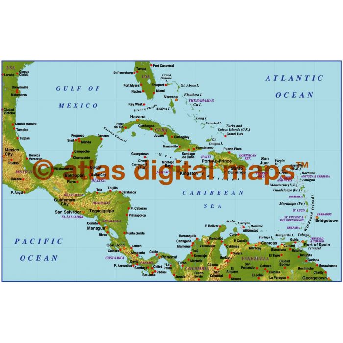 Caribbean small scale medium colour Relief map