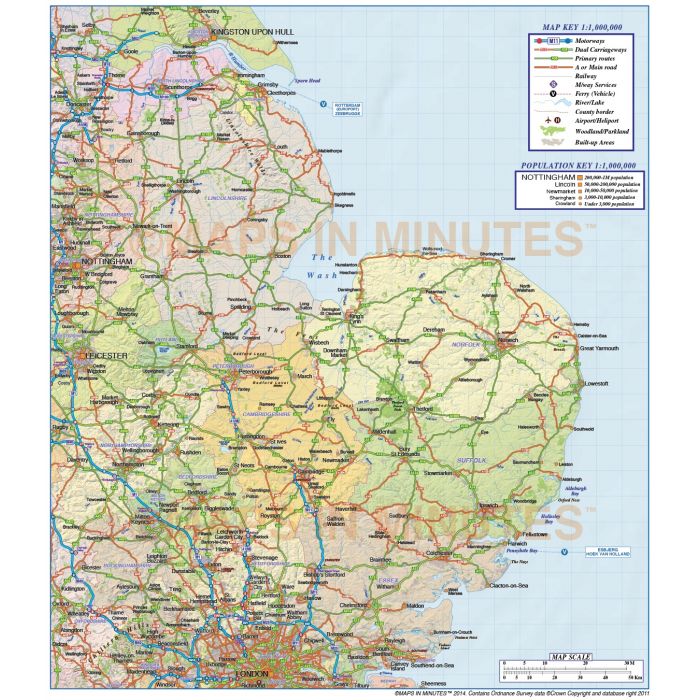 Buy East England County Road and Rail Map with hill shading @1m scale ...