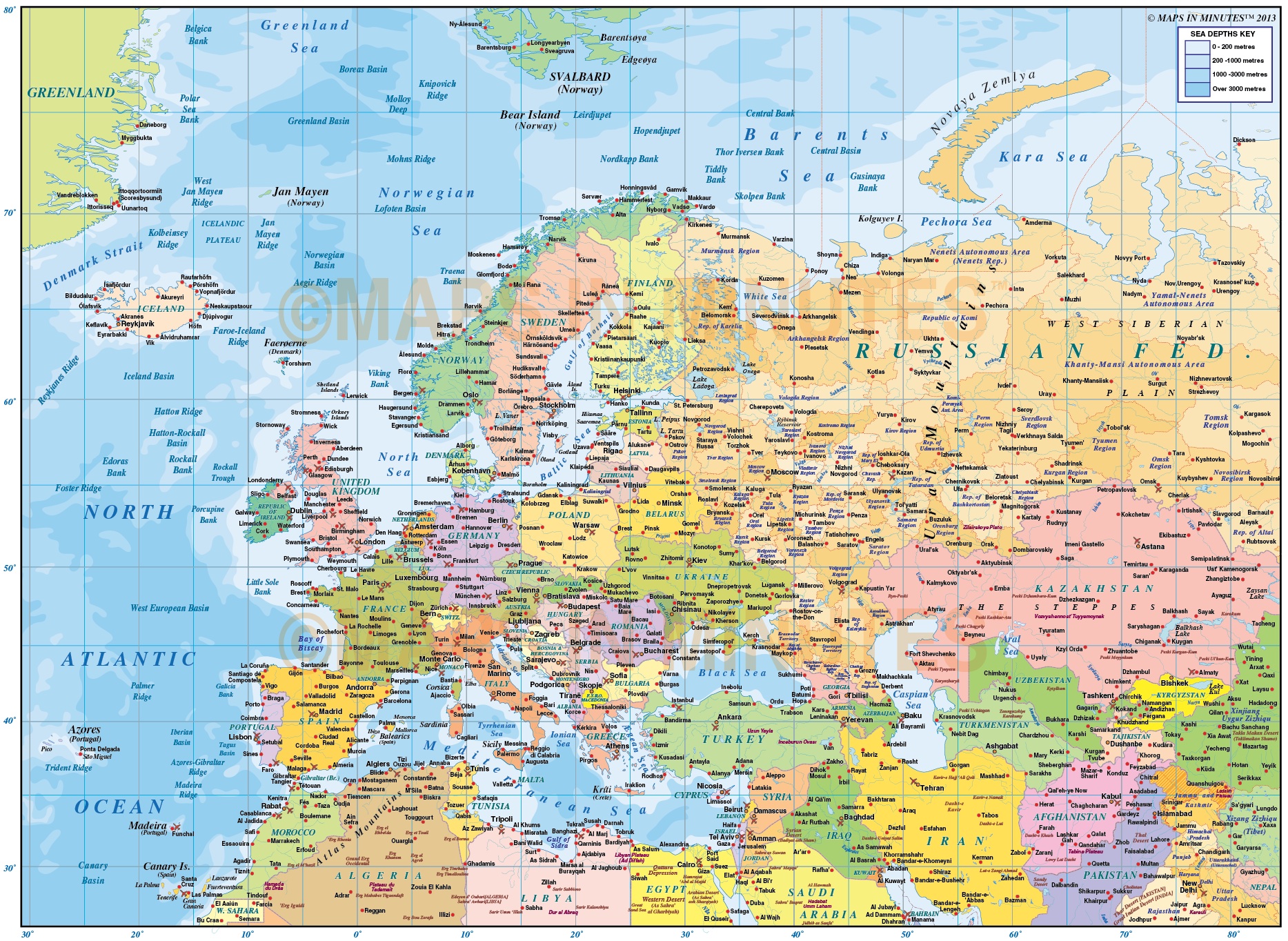 Large Detailed Political Map Of Eurasia Wth Capitals And Major Cities ...