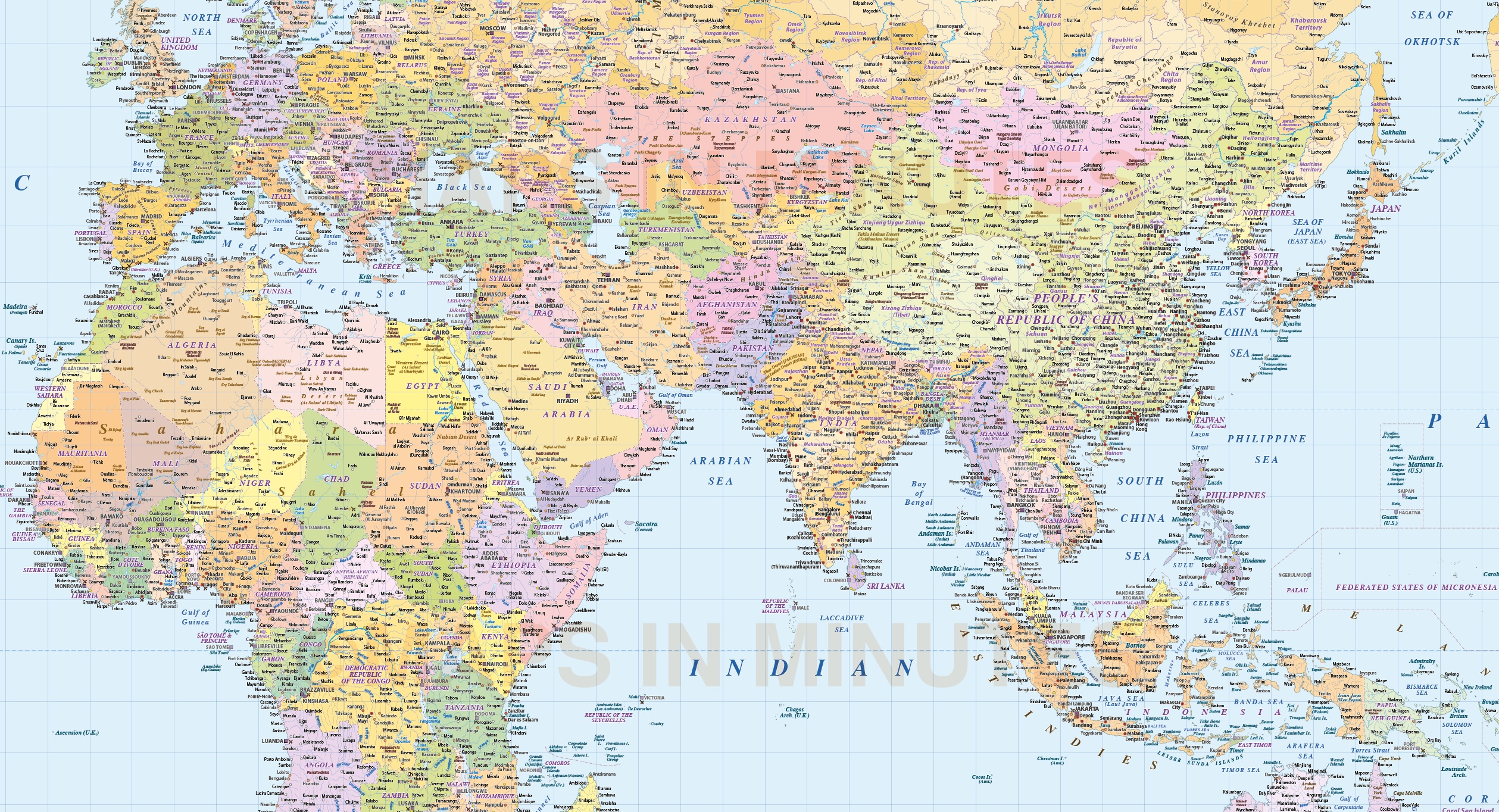 whole world map gall projection with layered populations (uk centered