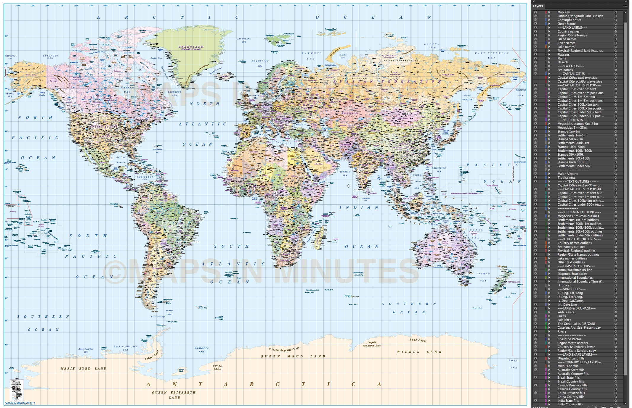 whole world map - gall projection with layered populations (uk centered ...