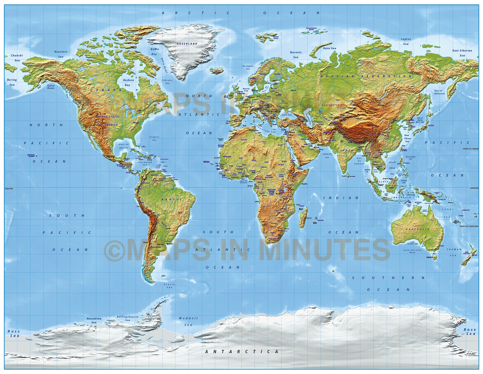 Digital Vector World Relief Map In The Gall Projection