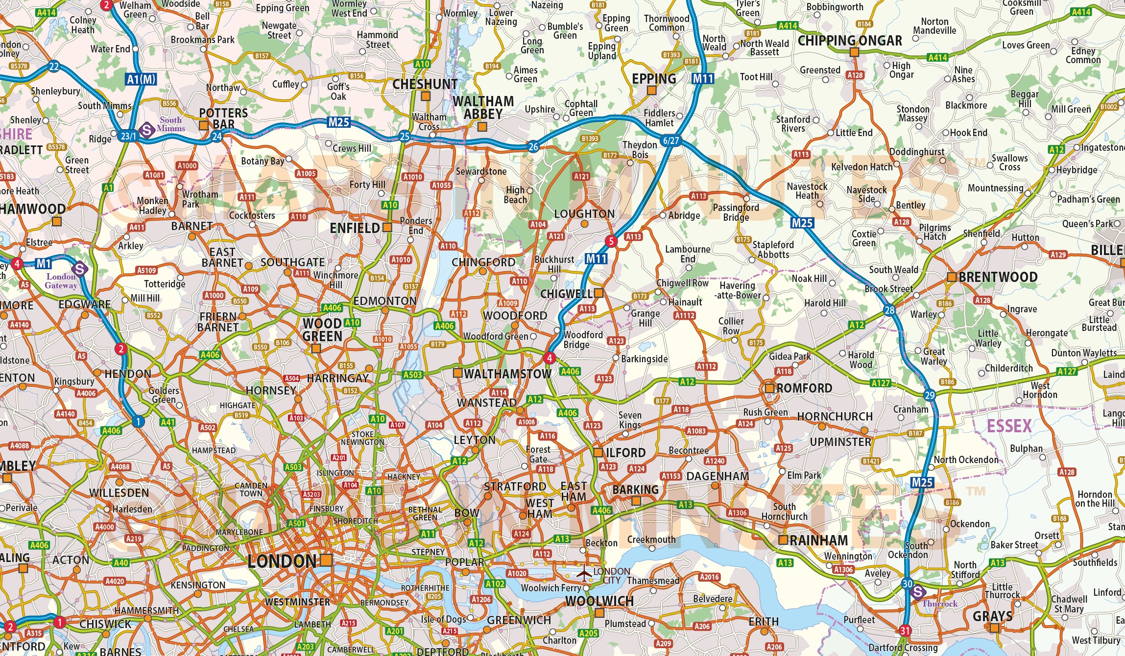 Digital vector map of Greater LondonM25 with roads 250k scale in illustrator editable layered