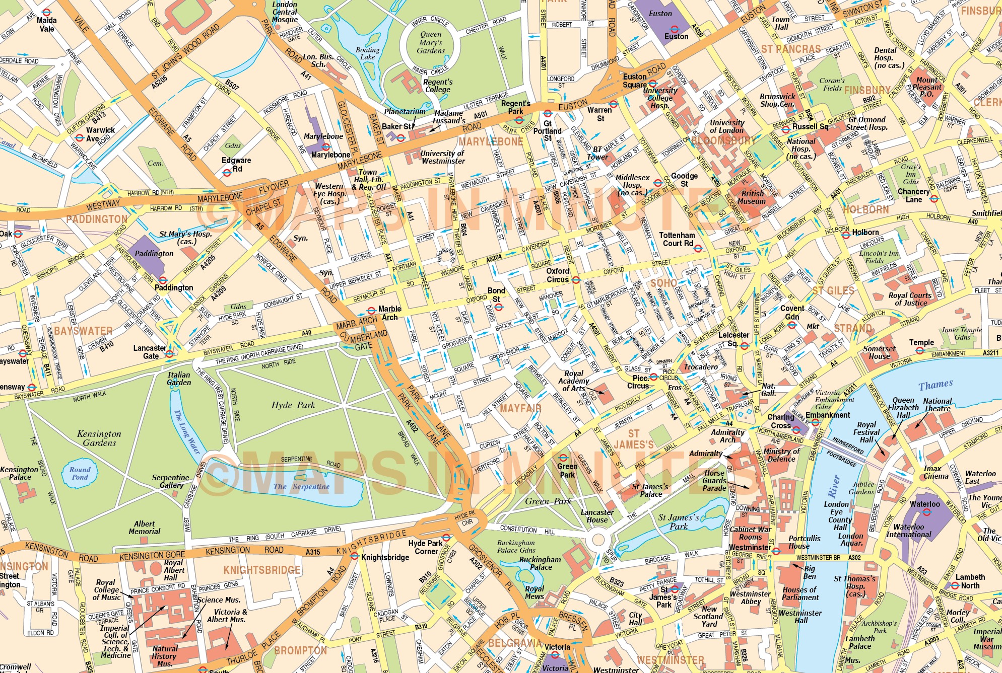 Digital vector map of London in illustrator editable format. Royalty free.