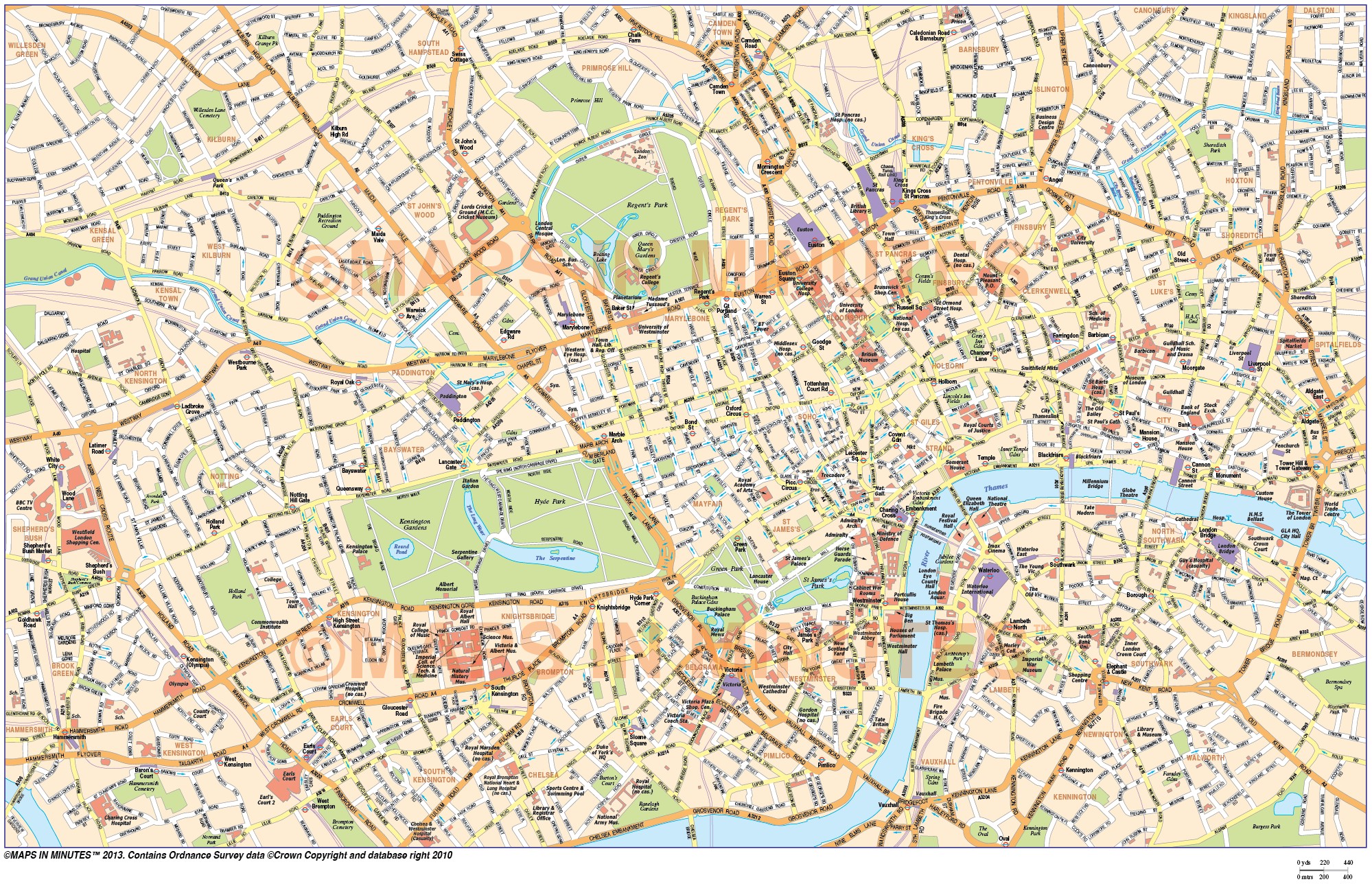 Digital vector map of London in illustrator editable format. Royalty free.