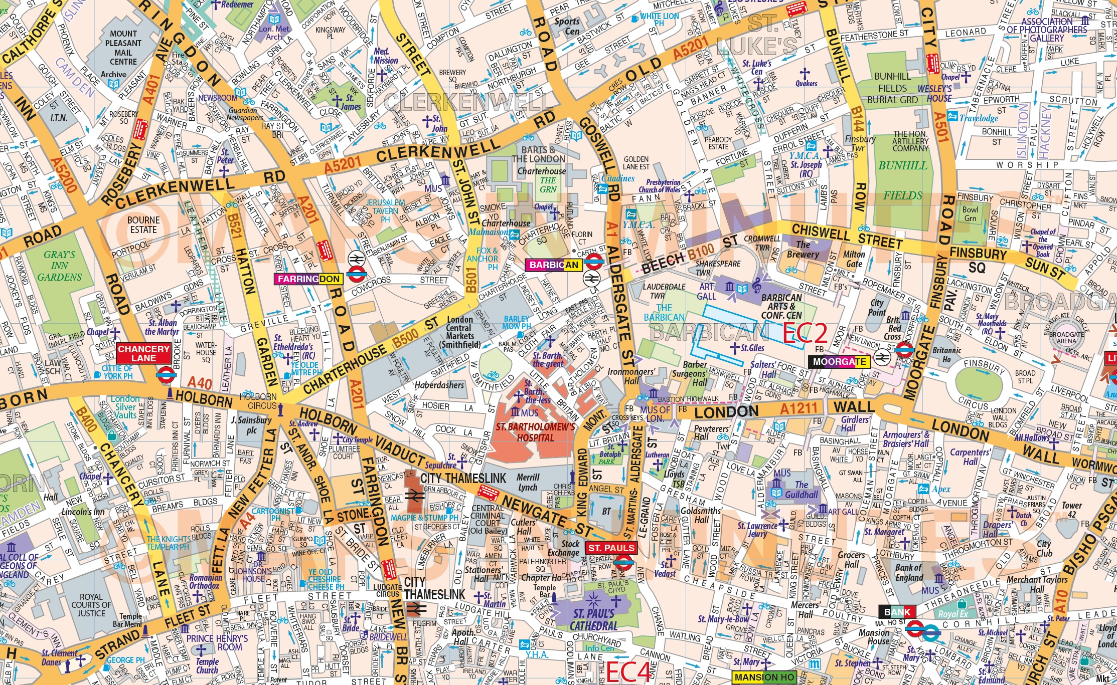 VINYL Central London Street Map - Large size 1.2m d x 1.67m w