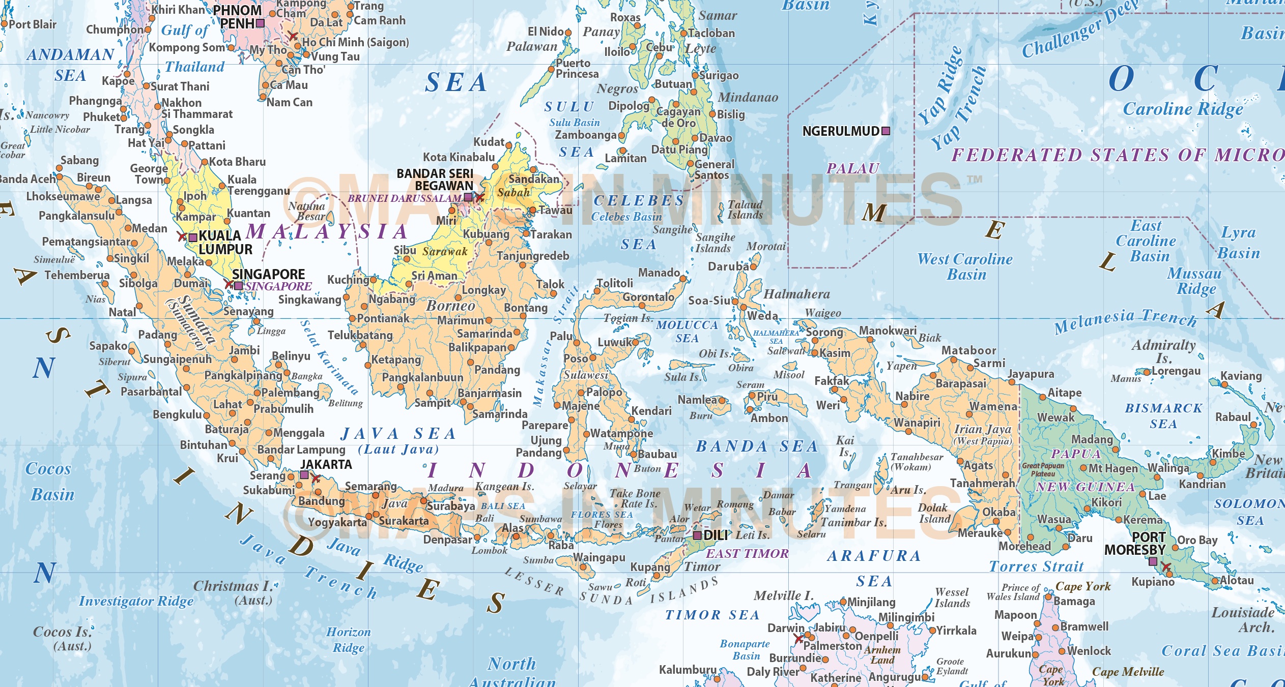 Malaysiaindonesia Political Map With Ocean Floor Contours 10m Scale