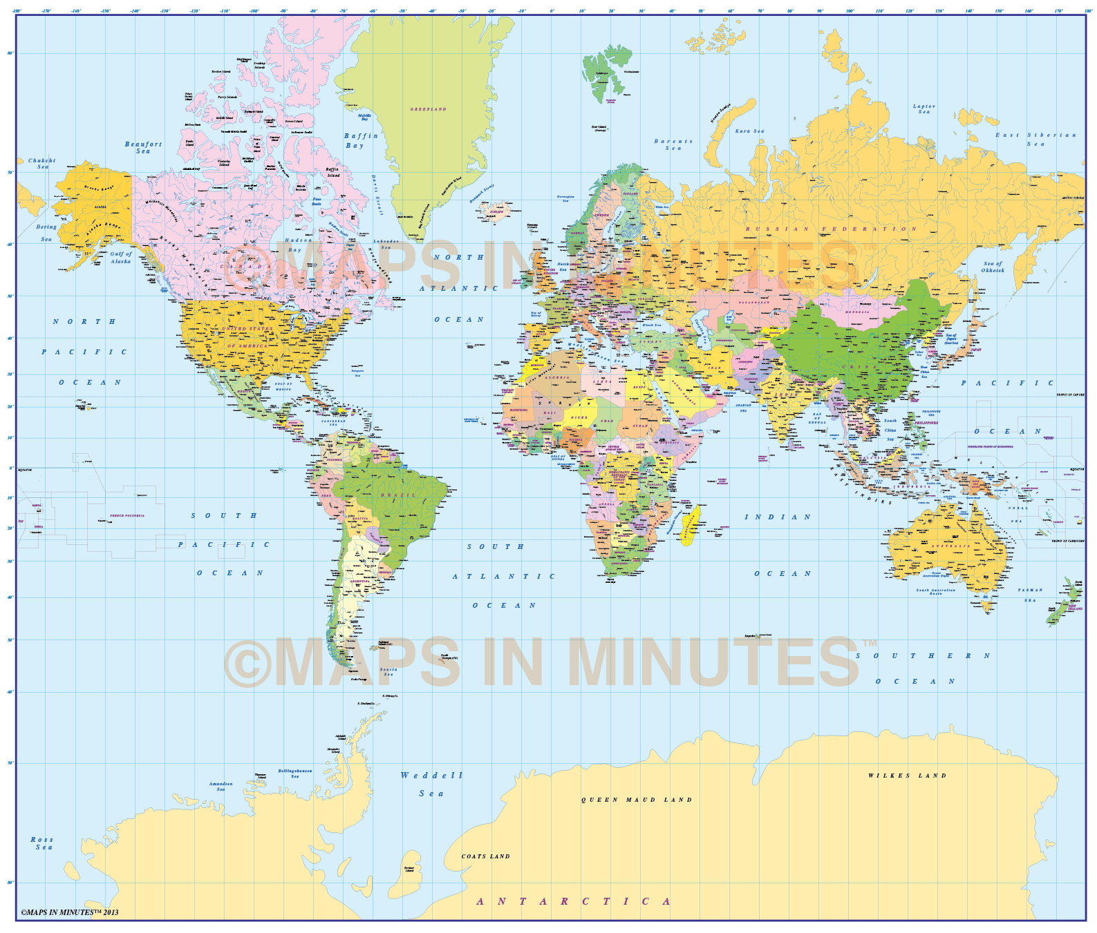 Medium Scale Digital Vector Mercator World Map In