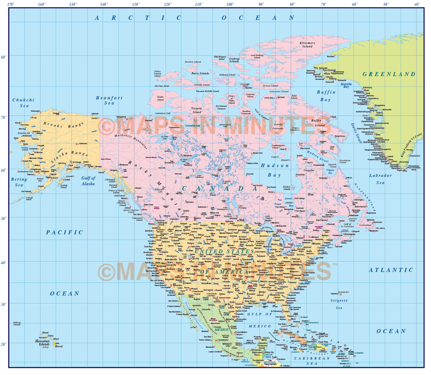 Latitude And Longitude Map Of North America With Cities