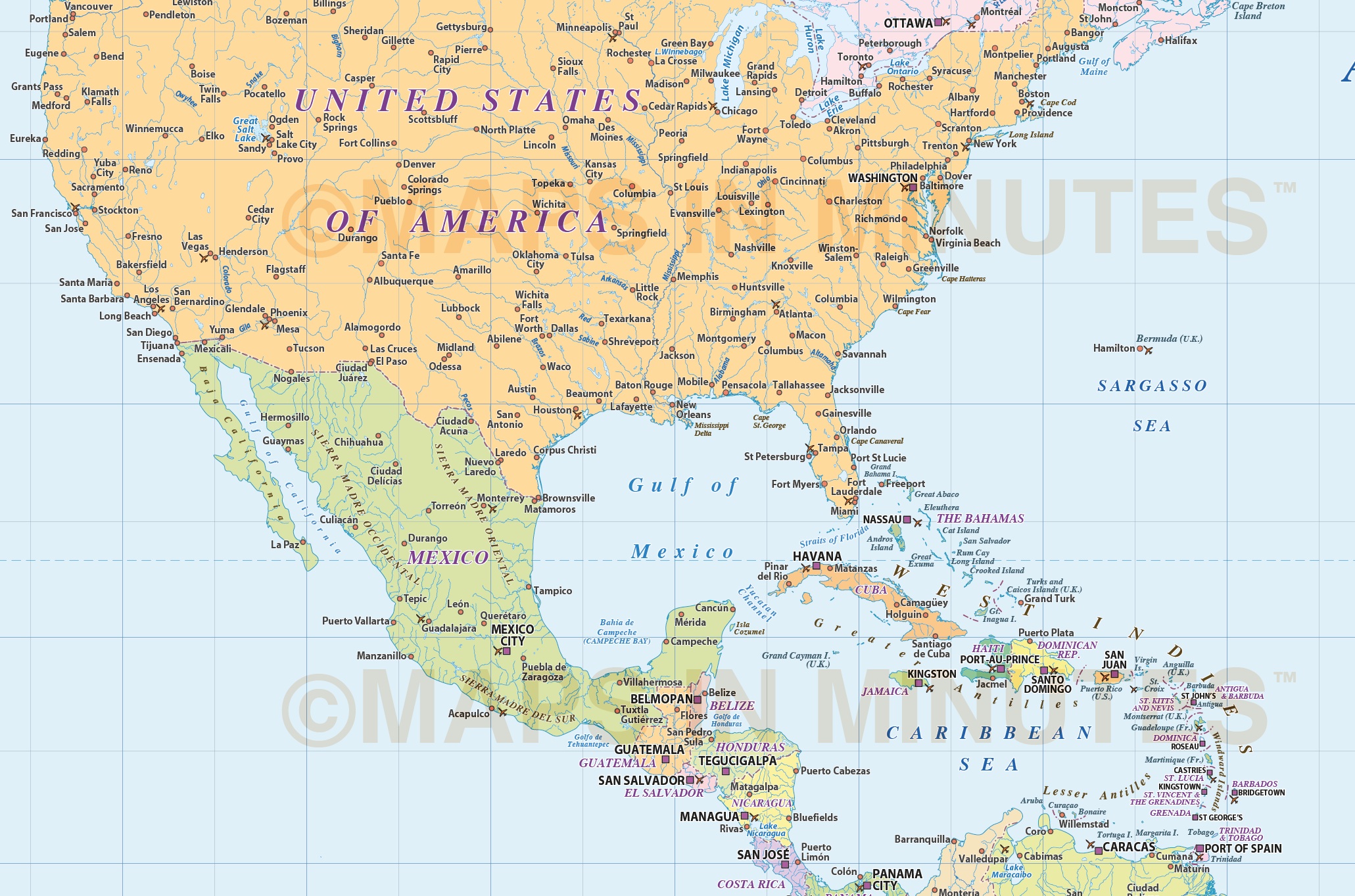 North America Region Simple Country map @10,000,000 scale in