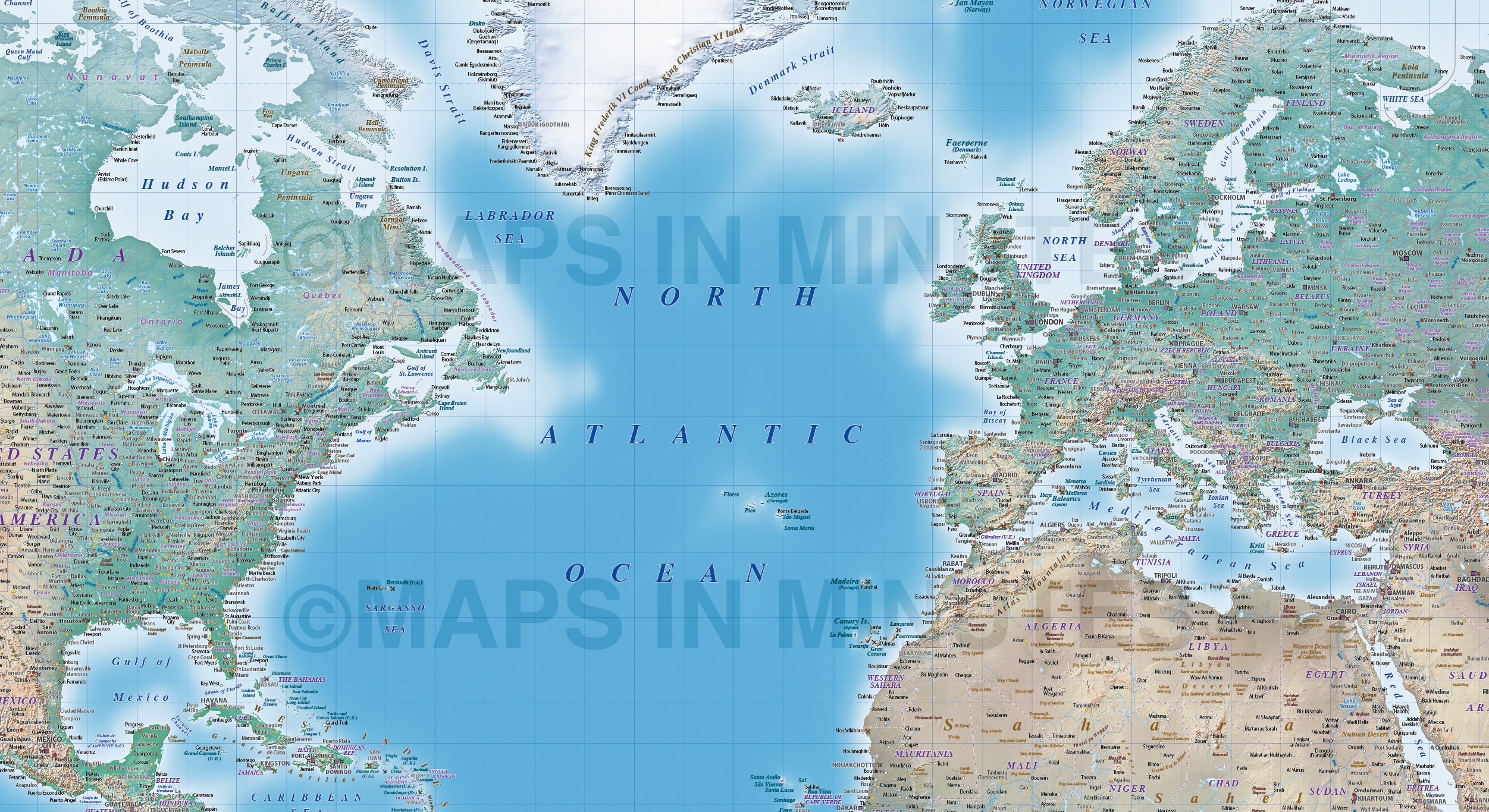 Digital vector Political World map with Natural Earth relief, terrain