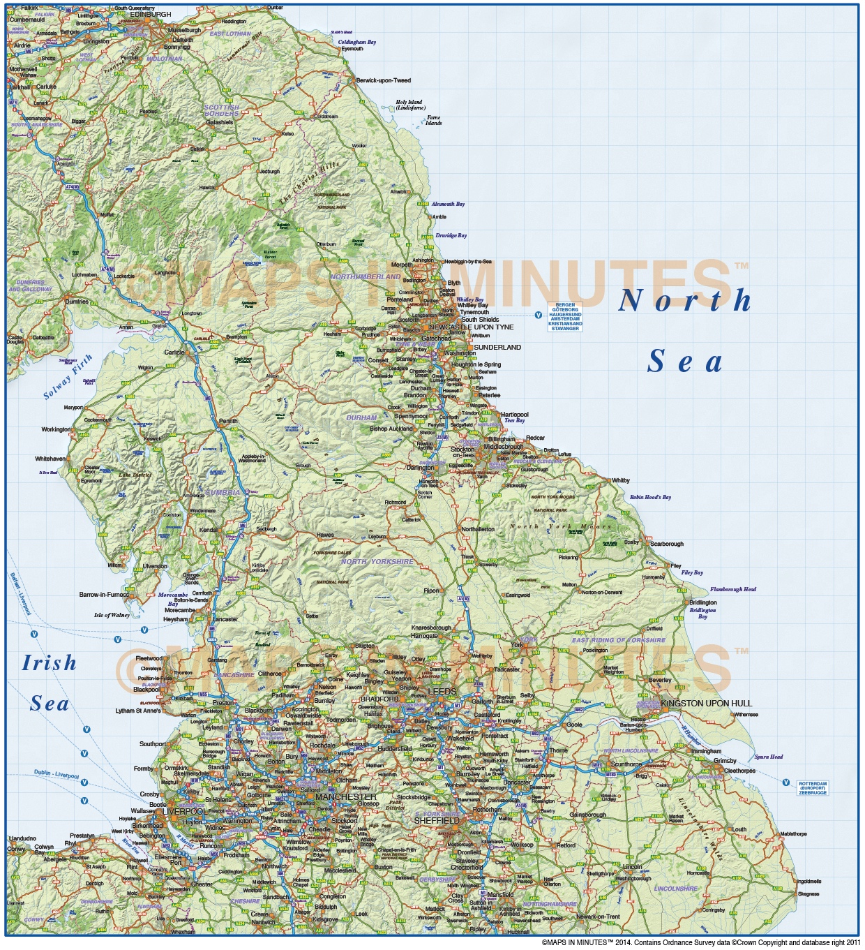 Digital vector North England County Road and Rail Map @1m scale with