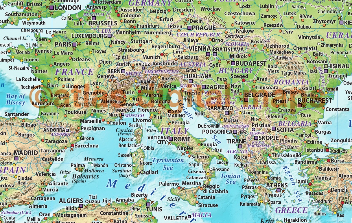 Push Pin World Travel Map TURQUOISE BLUE Detailed Canvas