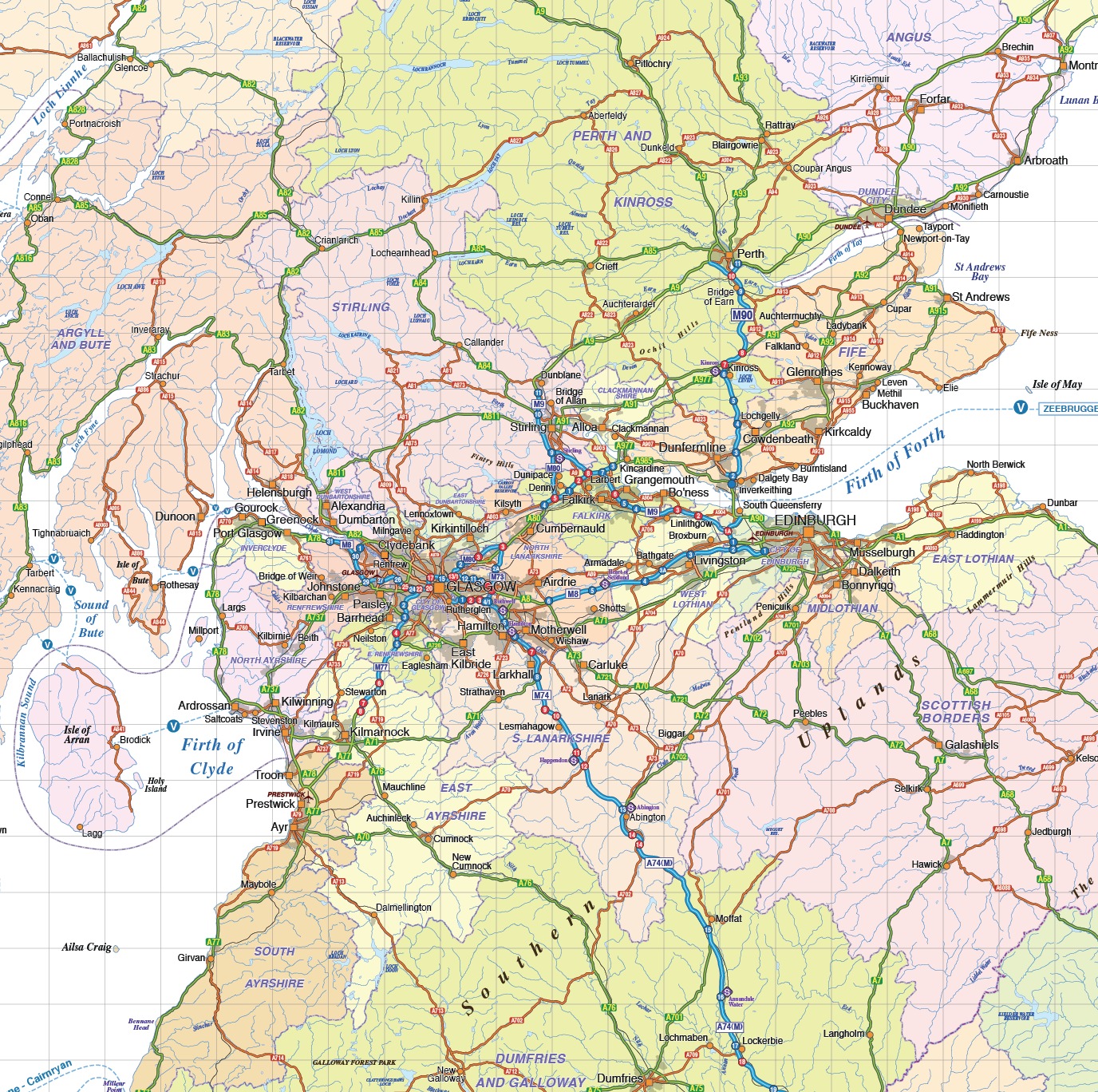 Scotland regions road and rail map @1m scale in illustrator and ...