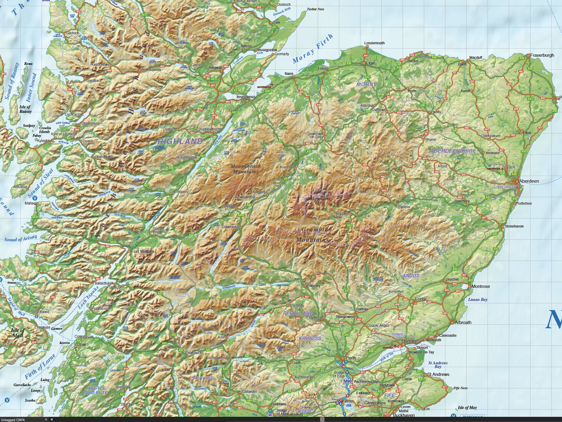 Vector digital map of Scotland Political regions, road and rail plus relief including the 