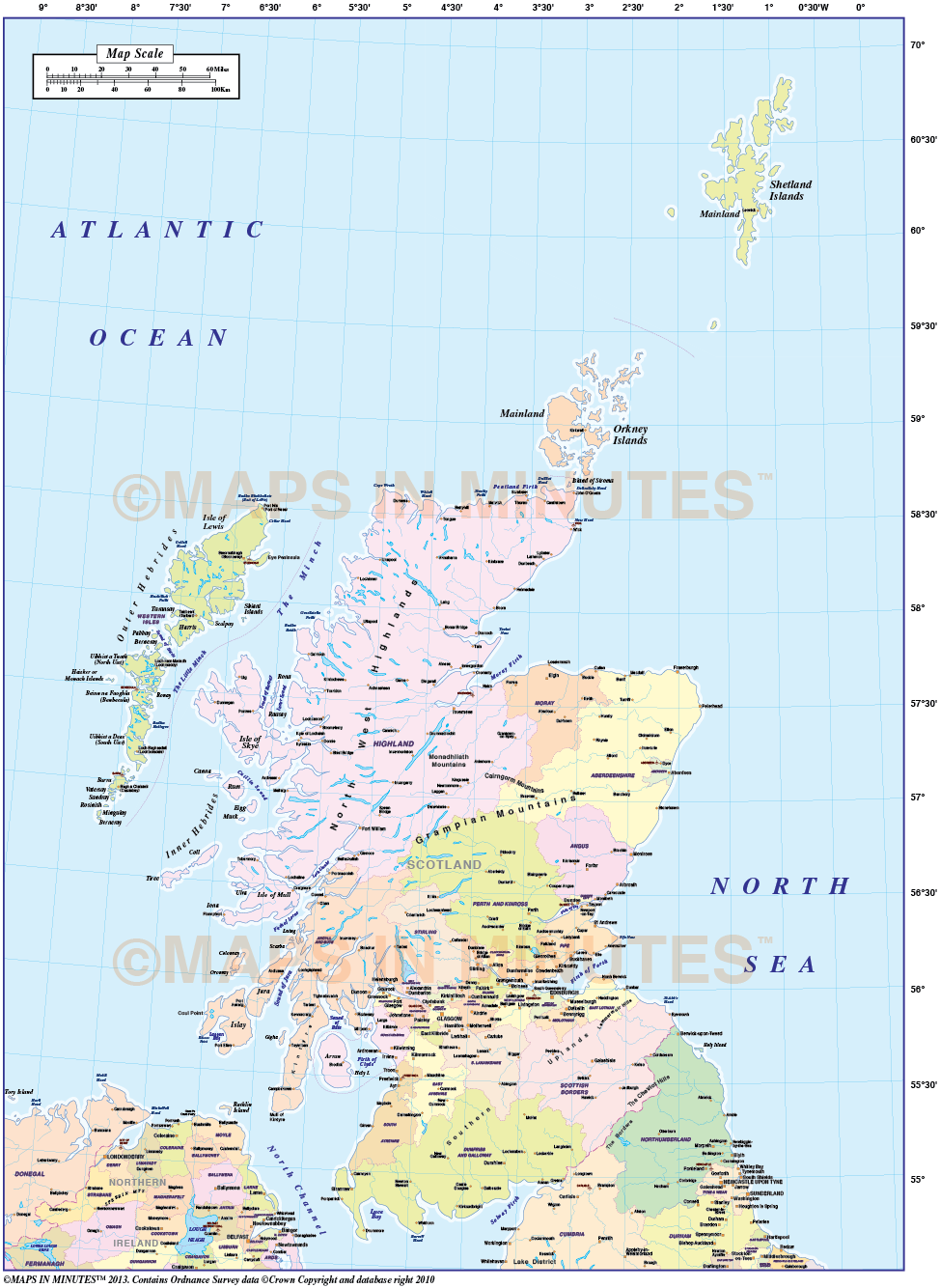 Vector Scotland Regions Map including the Northern Isles, with high res