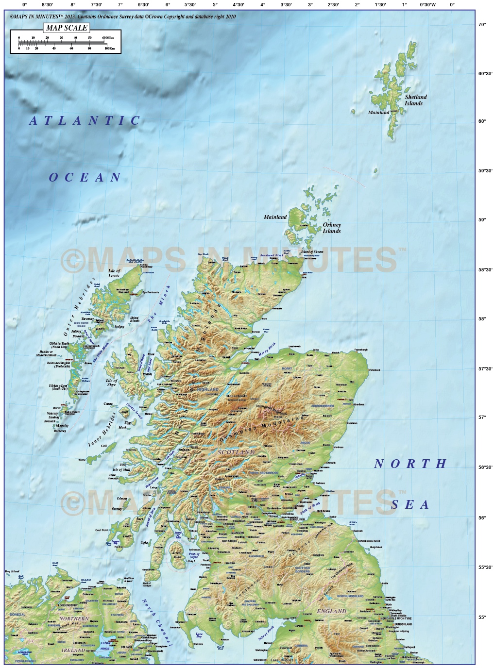 5m scale Scotland Regions map with 600 dpi high resolution medium colour relief