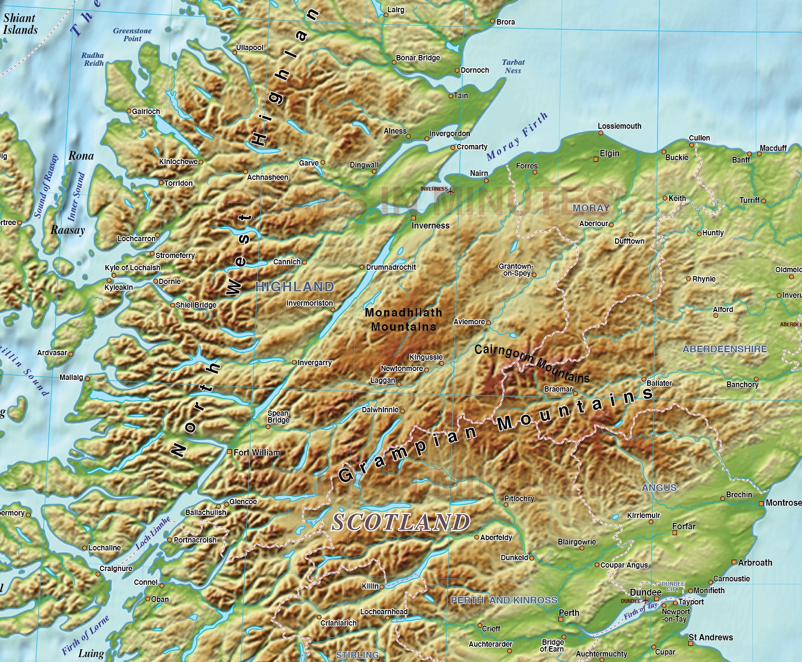 Scotland Regions map with 600dpi high res Strong colour relief @5,000,000 scale in illustrator 