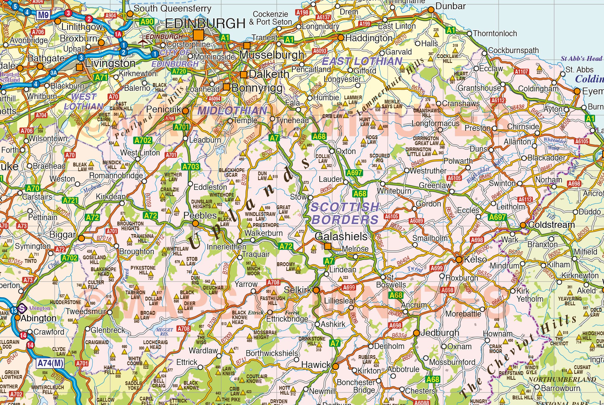 Vector Scotland Road Rail map, Illustrator AI CS PDF digital format, Regions, Political, with