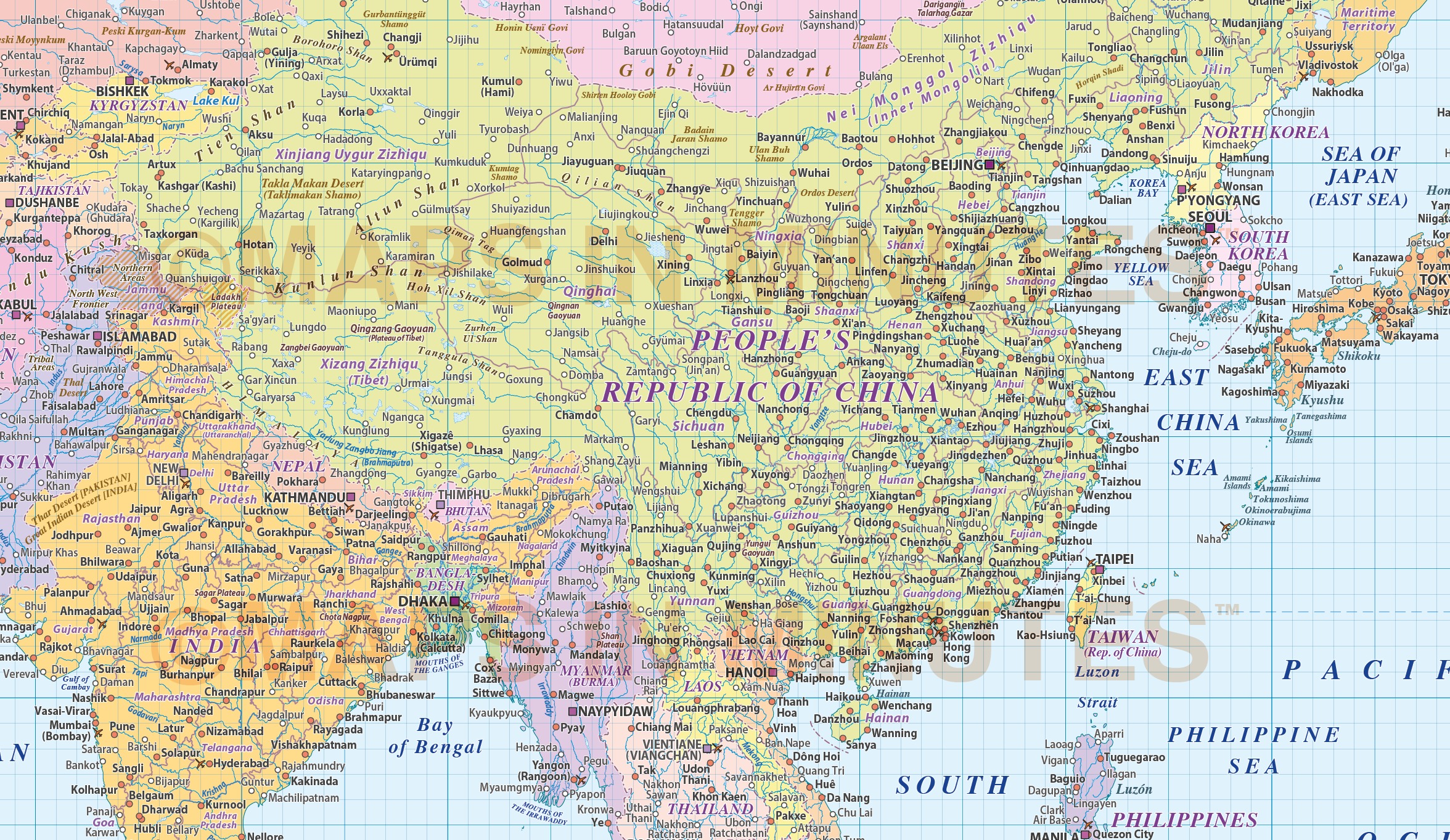 Digital Vector Map Of East Asia Region Political With Ocean Contours