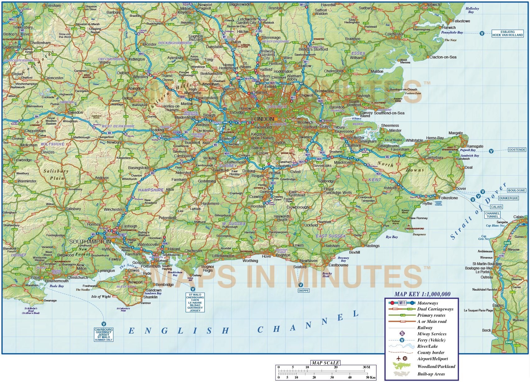 Vector South East England Map. County Political Road and Rail Map with