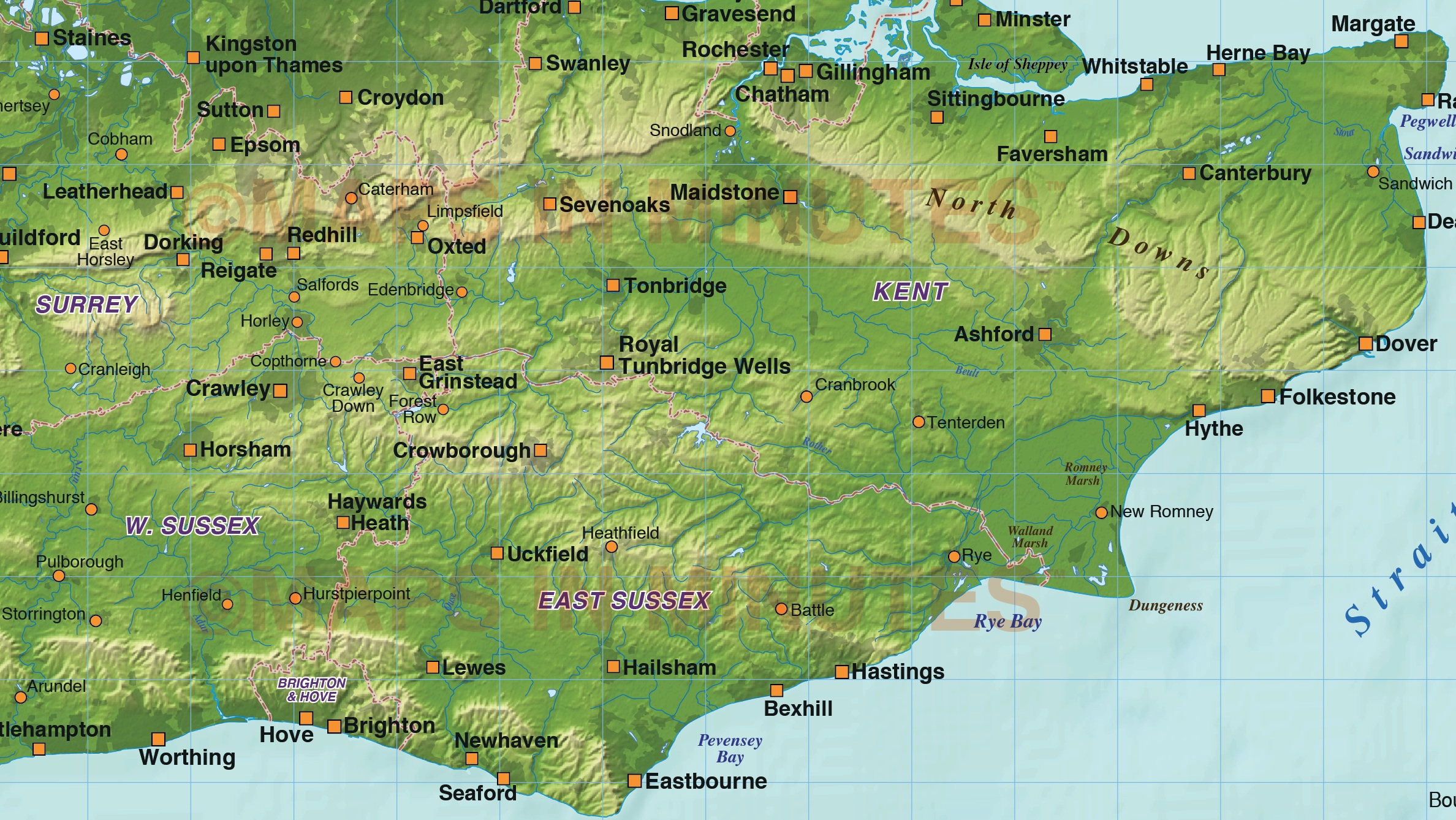 digital vector south east england map  with strong shaded 