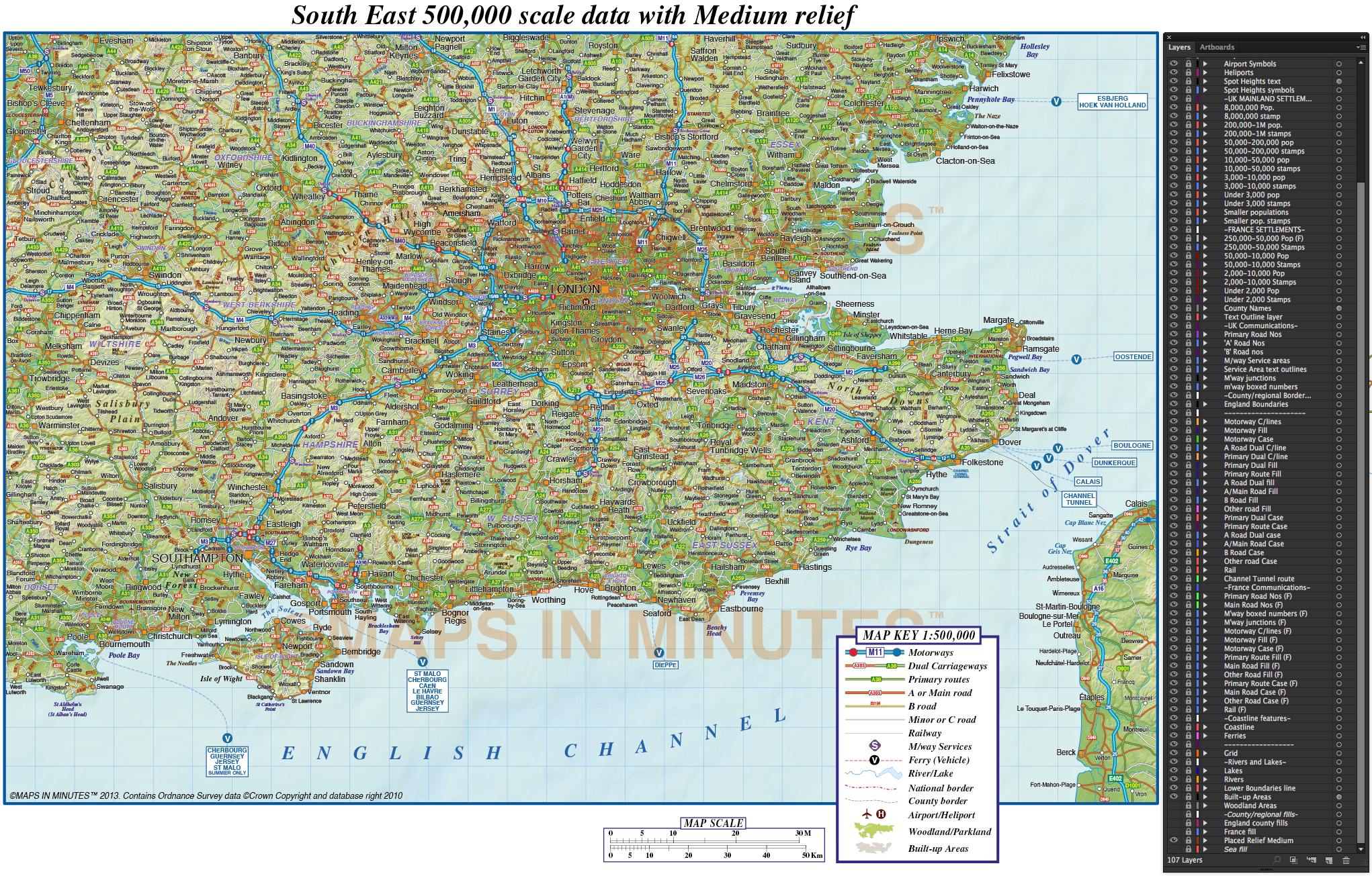South East England 1st level Political Road and Rail Map with Regular