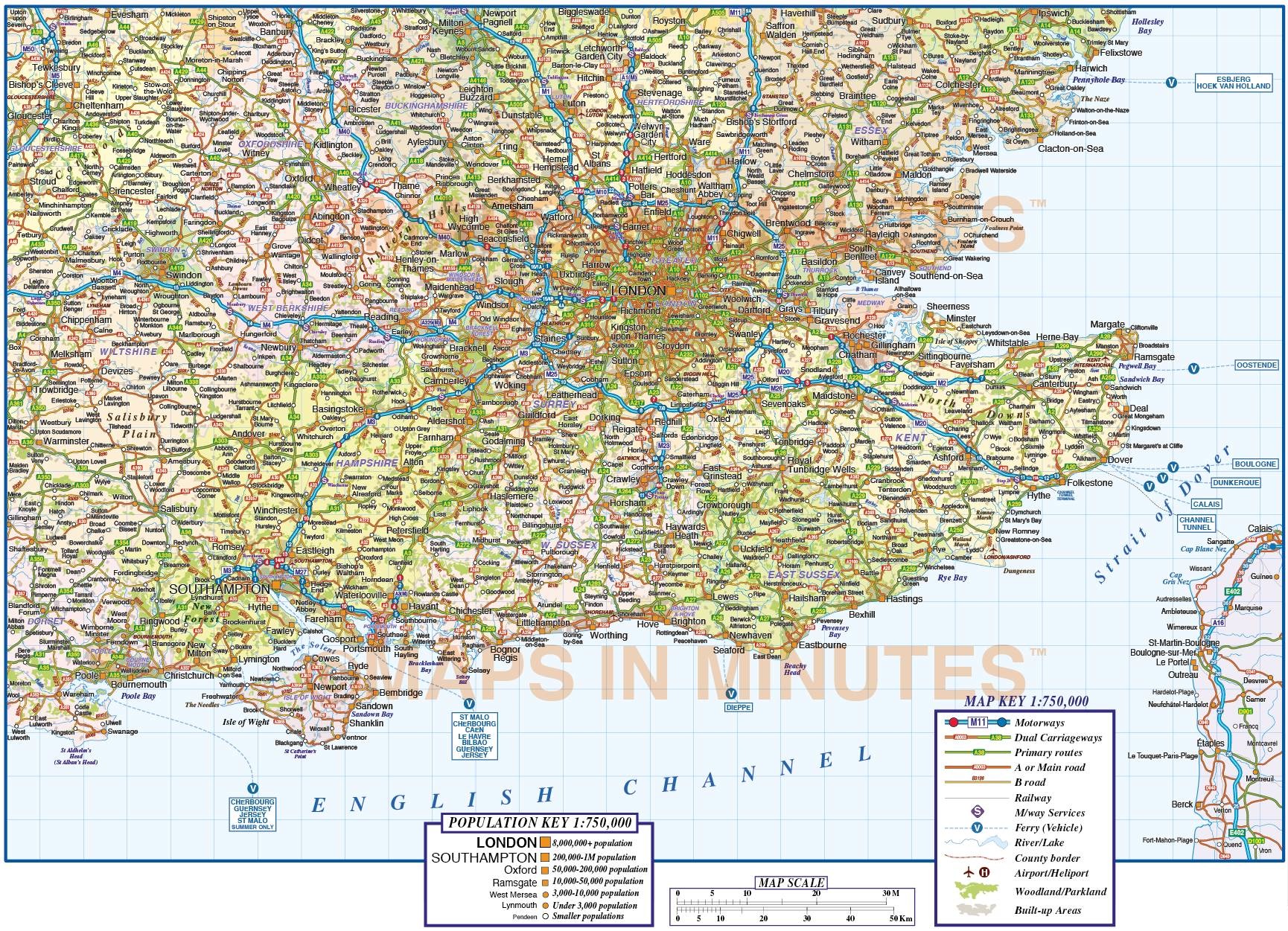 Vector South East England map. 1st level political road and rail Map
