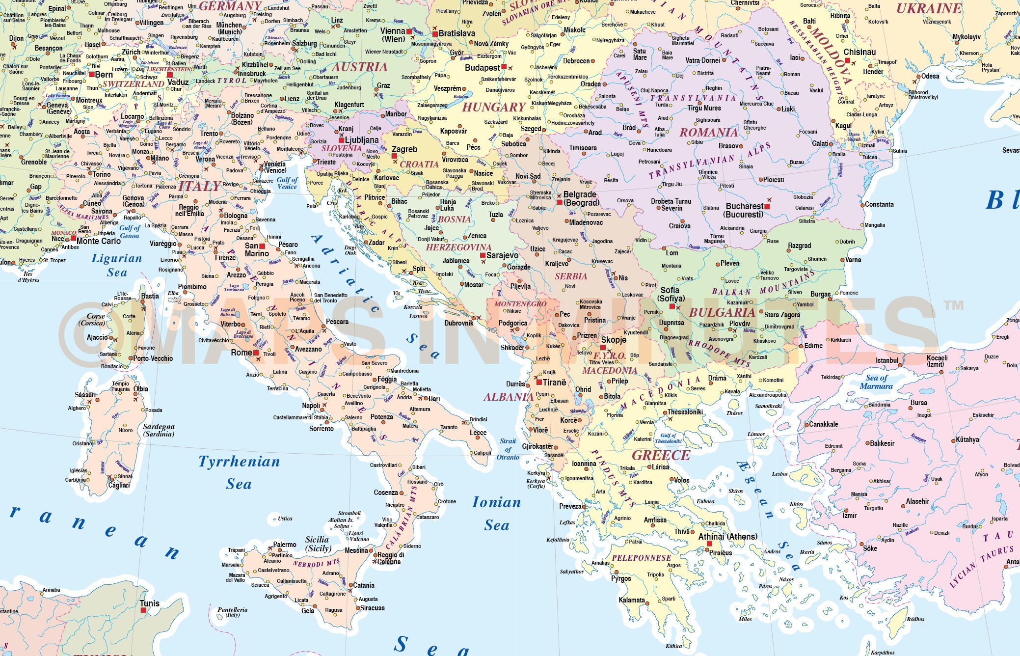 tourist map of southern europe