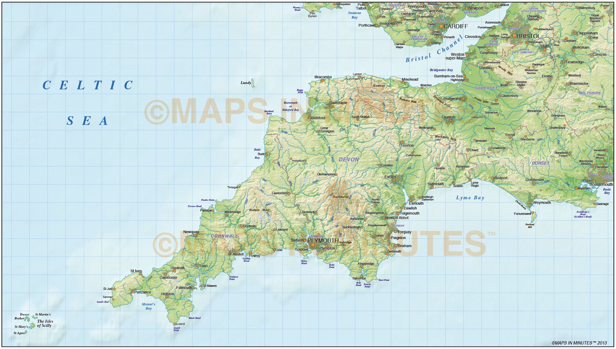 South West England County Map with regular relief 1,000,000 scale in