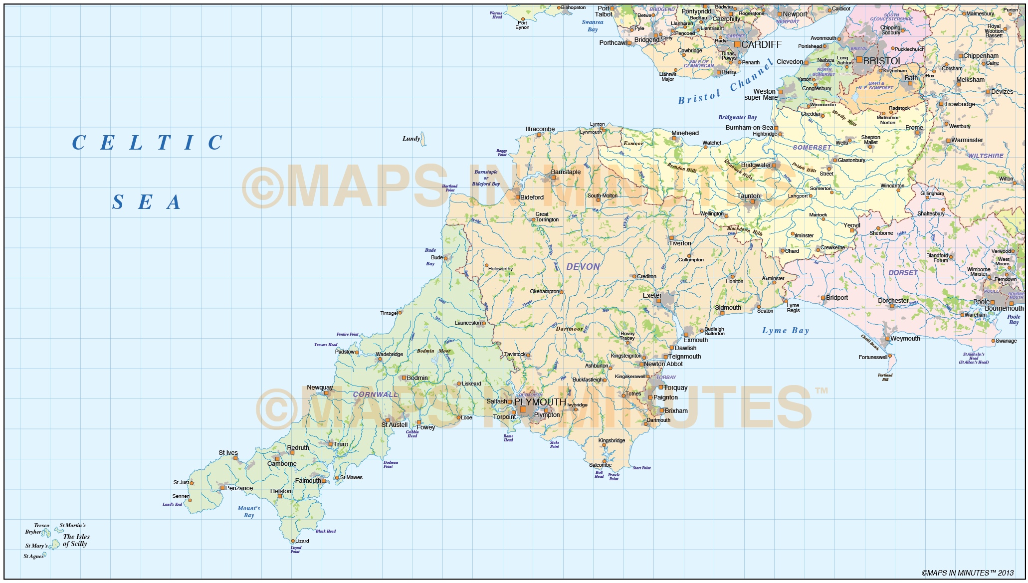 South West England County Map with regular relief 1,000,000 scale in illustrator and PDF vector