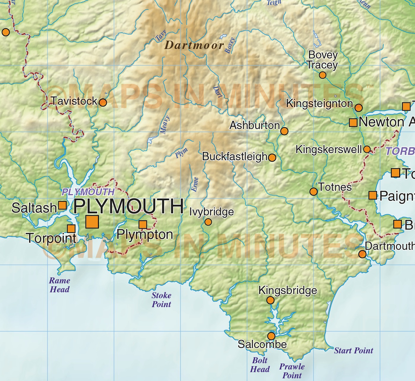 South West England County Map with regular relief 1,000,000 scale in illustrator and PDF vector