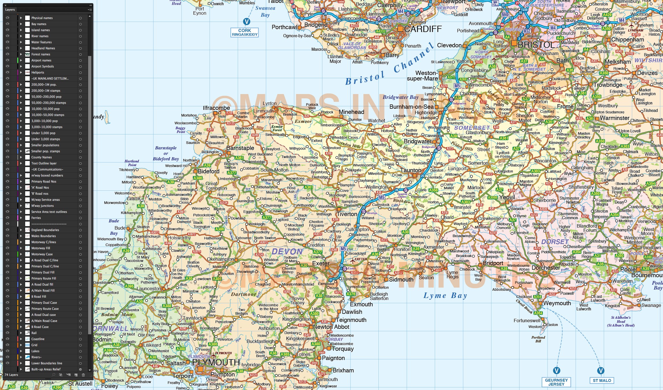 South West England Political County Road And Rail Map With Regular