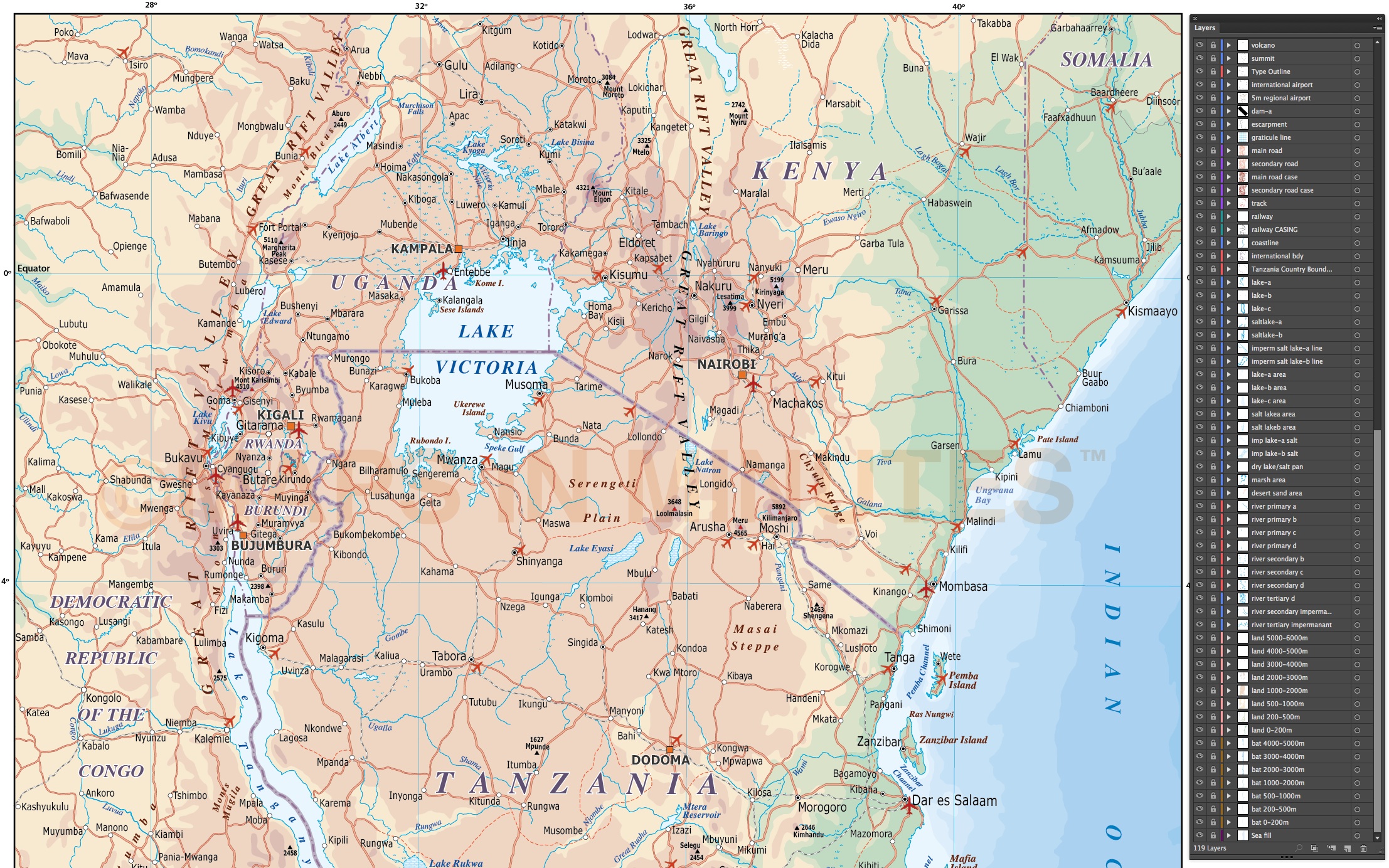 Digital vector Tanzania map  Political road  rail map  