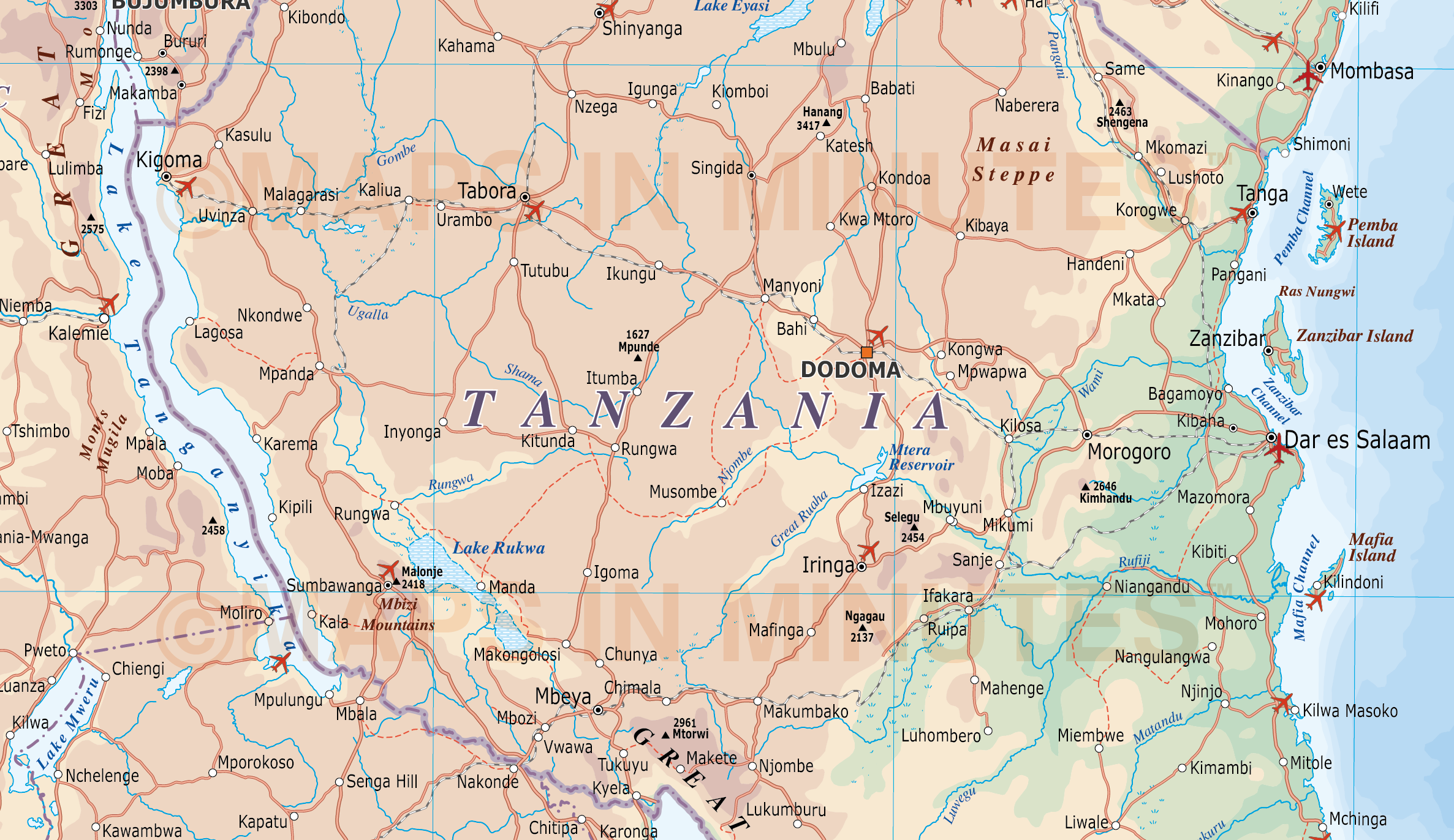 digital vector tanzania map political road rail map free editable map of us