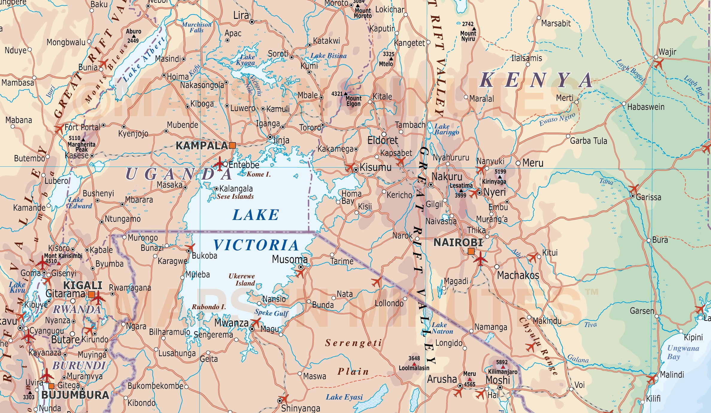 Digital vector Tanzania map. Political, road & rail map with land and